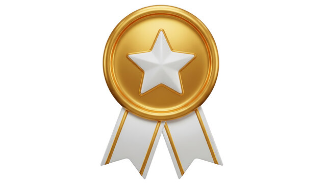 3D rendering of a gold medal or rosette badge with a white star and ribbon, isolated on a white background, symbolizing quality and achievement