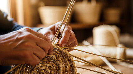 Close-up of craftsman's hands weaving a basket with natural wicker or straw, demonstrating traditional handicraft and skilled work