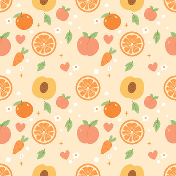 Cute Summer Fruit Seamless Pattern with Oranges Peaches and Carrots