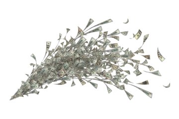 Transparent image of a burst of US dollar bills flying outwards