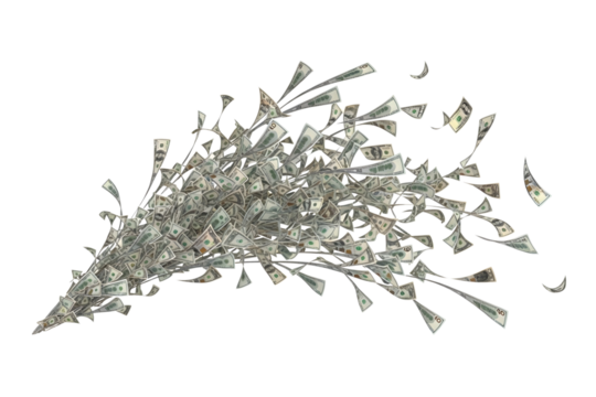 Transparent image of a burst of US dollar bills flying outwards