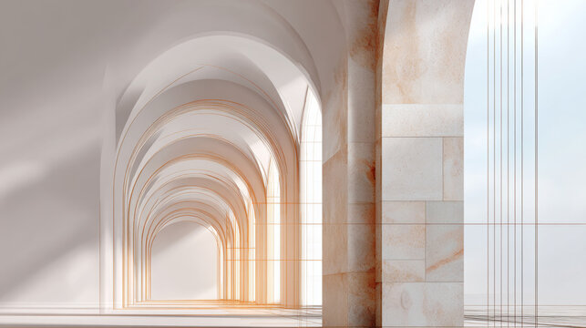 Minimalist architectural interior with repeated arches and soft natural light creating depth and geometric patterns in a serene space