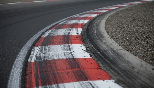 Red and white racing curb with tire skid lines on high-speed track corner
