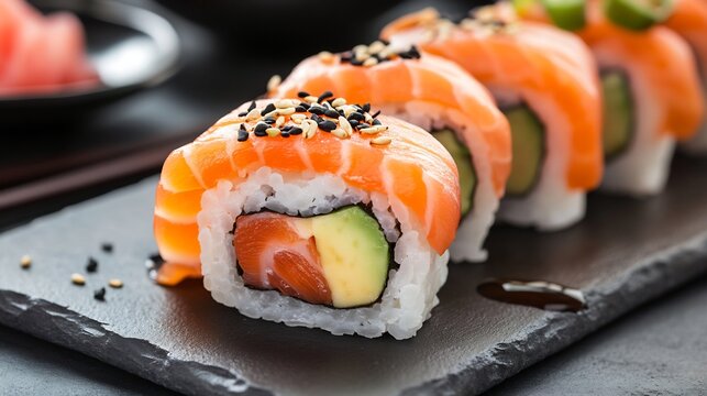 Closeup of sushi rolls avocado and salmon on slate plate surrounded by minimalist tableware for elegant dining feel