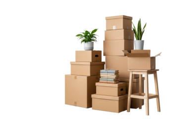 Neatly stacked brown moving boxes, green plants, vintage books, wooden stool on grey floor, white wall, copy space, soft lighting, Concept of relocation and new beginnings