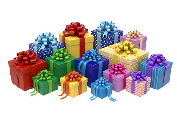 A large collection of colorful gift boxes and presents. Transparent image