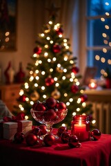 Festive Christmas Tree With Red Ornaments And Candle Light In Cozy