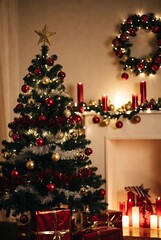 Festive Christmas Tree with Red and Gold Ornaments and Presents Below