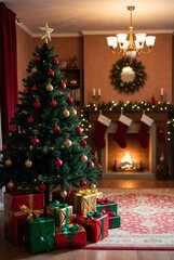 Festive Christmas Tree with Gifts by a Roaring Fireplace and Wreath