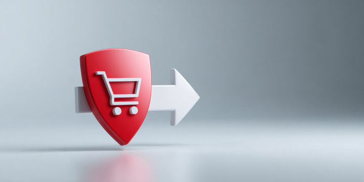 Red shield with shopping cart icon and white arrow symbolizing secure online shopping and e-commerce direction on light background