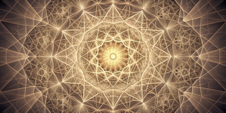 Intricate Golden Geometric Mandala A Symmetrical Design of Interwoven Lines and Glowing Centers