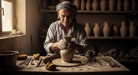 Experienced potter crafting a clay vase on a wheel in a rustic workshop