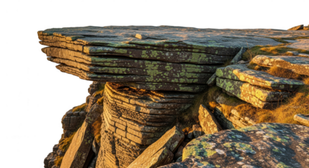 Layered rock cliff edge formation illuminated by warm golden sunlight isolated