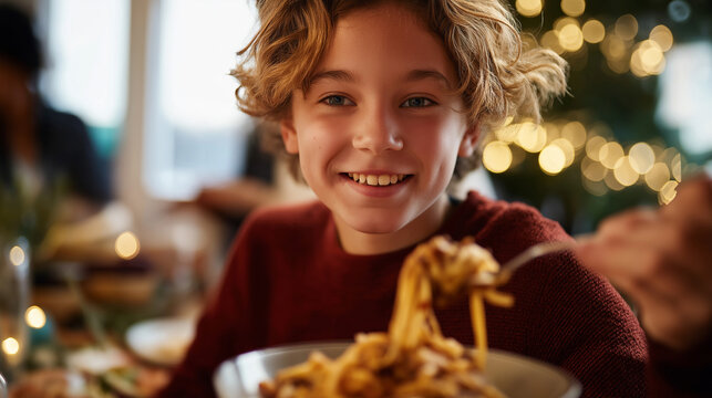Young individual enjoys pasta with sauce while gathering faceless person defocused indoor festive background dining celebration moment seasonal meal scene social eating visual
