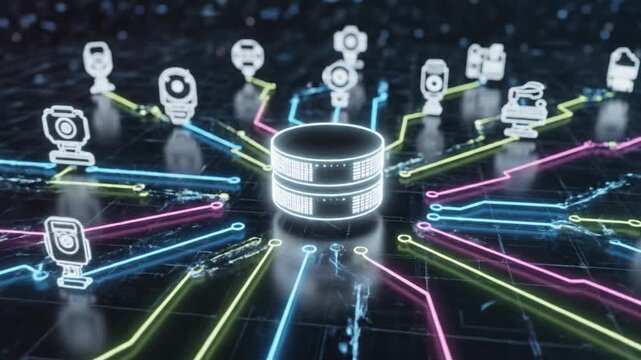 Futuristic digital data storage and network connection concept featuring glowing database with colorful neon lines linking multiple smart devices, illustrating information flow and technology