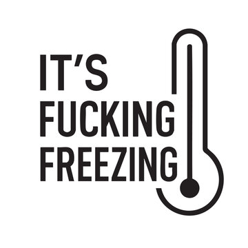 A bold graphic design features the phrase it s fucking freezing alongside a simple thermometer illustration