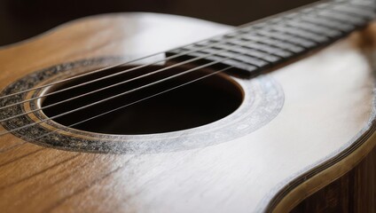 Fototapeta premium Close-up of a classical guitar with strings and sound hole.