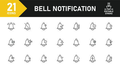 Bell notification line icon set. Set of 21 outline icons related to bell, notification, alarm, alert, message, reminder, message notification and others. Editable stroke. Vector illustration.