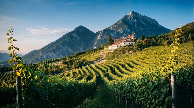A stunning vineyard landscape beneath mountain peaks representing wine culture agriculture travel scenery nature and European countryside charm creating a compelling scene suitable for commercial proj