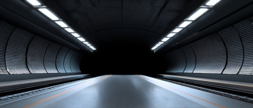 Futuristic empty tunnel with illuminated ceiling lights and metallic textured walls creating a symmetrical perspective - Powered by Adobe