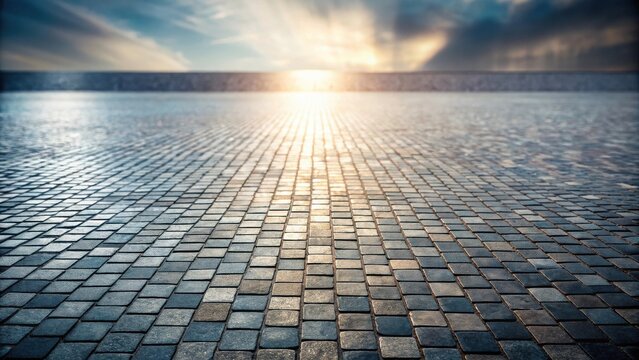 Cobblestone Pathway at Sunset A Serene View of a Stone Road Leading Towards a Bright Horizon