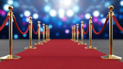 Red carpet luxury event background with golden barrier ropes and blue bokeh lights