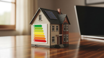 Miniature house model with energy efficiency rating chart and solar panels on a wooden desk