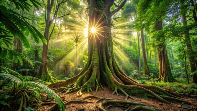 Majestic ancient tree bathed in sunlight, surrounded by lush vibrant green foliage and intricate root system in a mystical forest