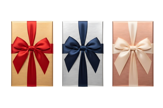 Three wrapped gift boxes with satin bows, transparent image