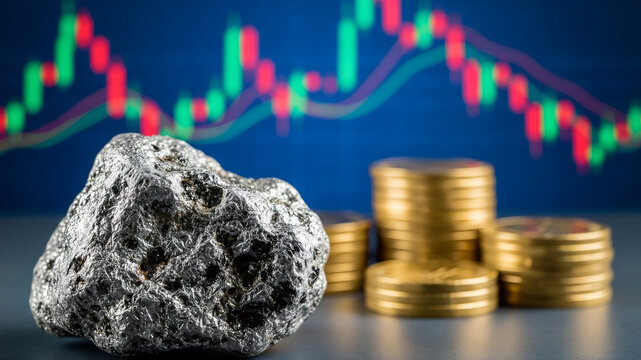 precious metal ore nugget and gold coins against stock market chart background
