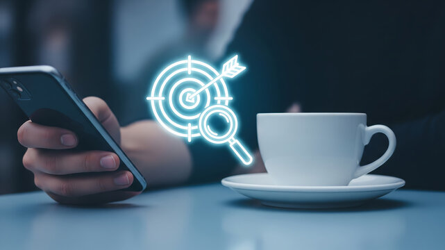digital marketing search target business on smartphone screen with coffee cup - Powered by Adobe