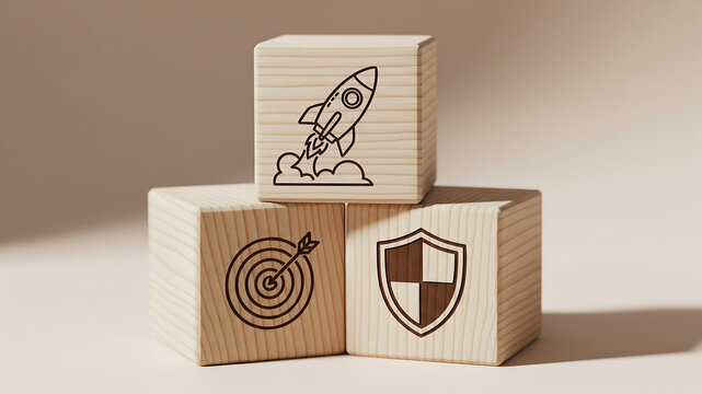 Business Strategy Icons on Wooden Blocks