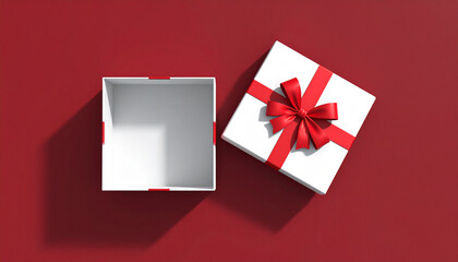 Obraz premium Blank white gift box open or top view of white present box tied with red ribbon bow isolated on dark red background with shadow minimal conceptual 3D rendering