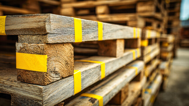Stack of weathered wooden pallets secured with bright yellow tape stored outdoors in an industrial yard with blurred background elements adding depth