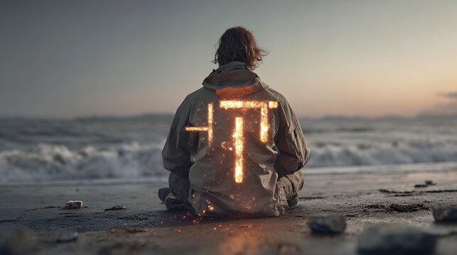 Dawn Seeker: Silhouette of a Wanderer with Luminous Back Symbol at Seashore