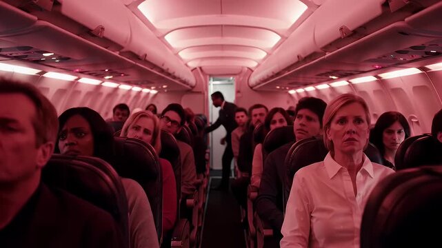 Airplane cabin at night.