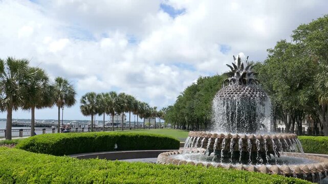 The Pineapple Fountain, a popular fountain shaped like a pineapple, along the waterfront of Charleston, South Carolina.