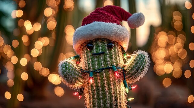 Cactus in a Santa hat in a fabulous New Year's atmosphere