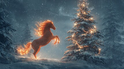 A blazing, rearing horse with a radiant mane stands beside a festively decorated Christmas tree in a snowy winter landscape
