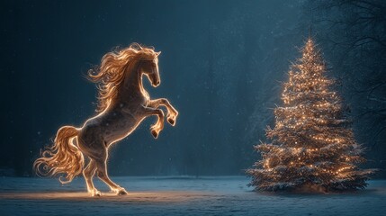 A blazing, rearing horse with a radiant mane stands beside a festively decorated Christmas tree in a snowy winter landscape	