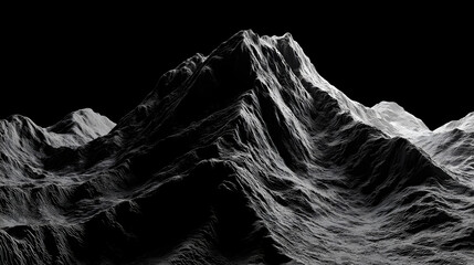 The image depicts a mountain range with intricate textures and shading against a dark, featureless backdrop, creating a dramatic visual contrast.