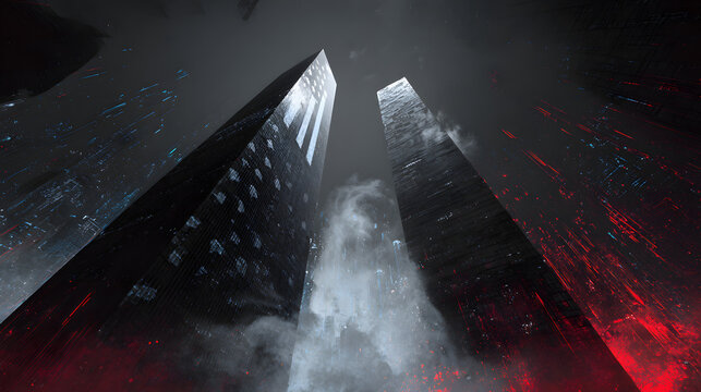 Two skyscrapers dominate a view from below, with smoke and a dark sky. Buildings feature bright lights and a red glow at the bottom.