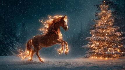 Naklejka premium A blazing, rearing horse with a radiant mane stands beside a festively decorated Christmas tree in a snowy winter landscape 