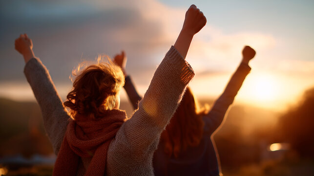 Companions enjoying joyful moment outdoors faceless friends defocused clear skies background sunset gathering scene social happiness visualization leisure time display with