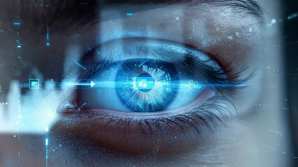 Human eye enhanced with glowing blue digital elements and holographic interface details creating a high-tech vision scene with sharp depth and clarity