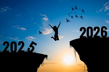 Silhouette person jumping between mountains with number 2025 to 2026
