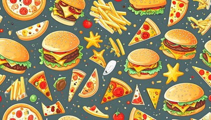 Cartoon Seamless Pattern of Burgers, Pizza, and Fries on a Gray Background