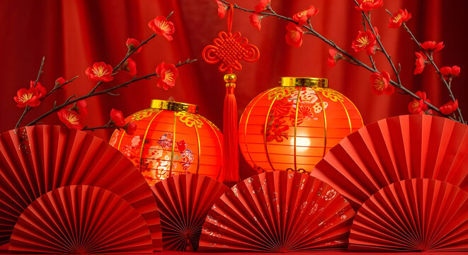 Traditional chinese new year decorations with red lanterns and fans