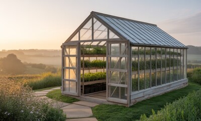 Obraz premium A light-filled greenhouse at dawn, nestled in a sun-drenched landscape