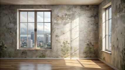 Fototapeta premium Empty Room with Damaged Walls and Windows Offering a City View